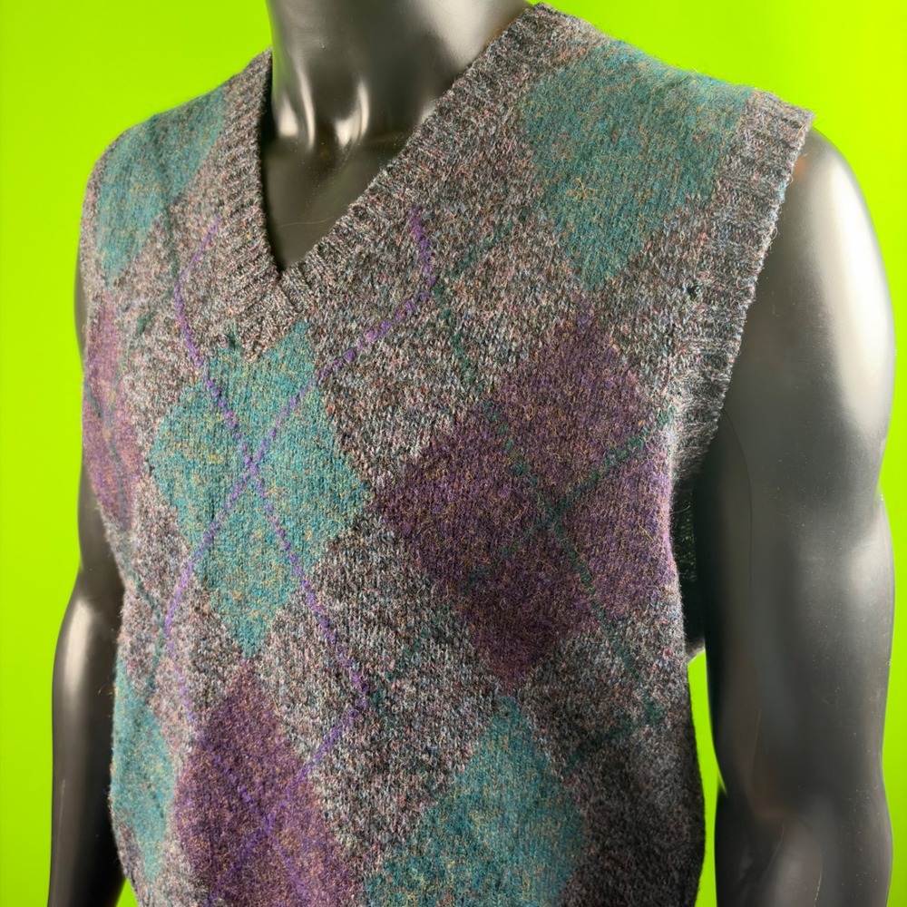 VTG Christopher Hayes Mens L Shetland Wool Argyle Sweater Vest Grey/Teal *READ*